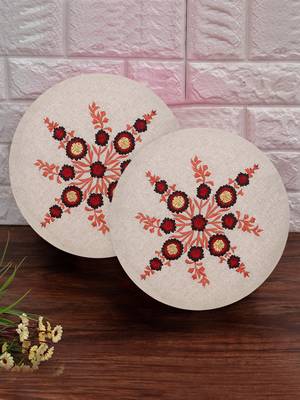 Natural & Red Cotton Floral Embroidered Cushion Cover (16") (Set of 2) 1