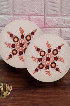 Natural & Red Cotton Floral Embroidered Cushion Cover (16") (Set of 2)