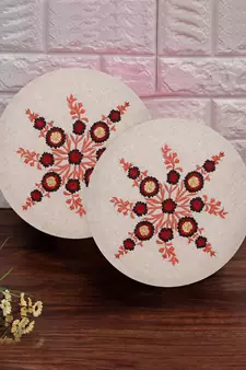 Natural & Red Cotton Floral Embroidered Cushion Cover (16") (Set of 2)