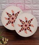 Natural & Red Cotton Floral Embroidered Cushion Cover (16") (Set of 2)