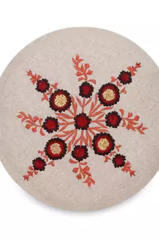 Natural & Red Cotton Floral Embroidered Cushion Cover (16") (Set of 2)