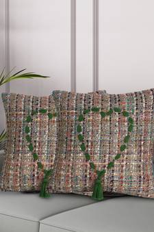 Mezposh Motley Green & Multi Wool Quirky Tasselled/ Cushion Cover with Zari (16"X16") (Set of 2)