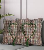 Mezposh Motley Green & Multi Wool Quirky Tasselled/ Cushion Cover with Zari (16"X16") (Set of 2)