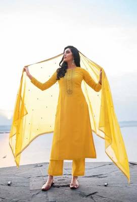 Women's heavy embroidery  work Georgette Semi-stitched Yellow Salwar Suit Straight kurta and pants 1