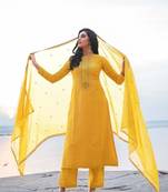 Women's heavy embroidery  work Georgette Semi-stitched Yellow Salwar Suit Straight kurta and pants
