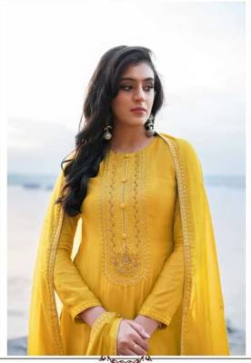 Women's heavy embroidery  work Georgette Semi-stitched Yellow Salwar Suit Straight kurta and pants 2