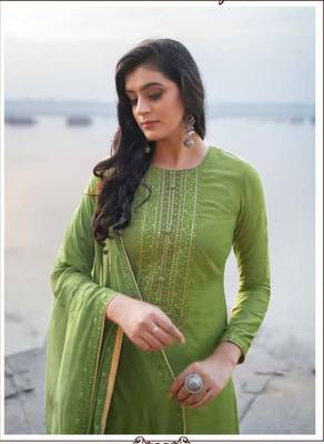 Women's heavy embroidery  work Georgette Semi-stitched Green Salwar Suit Straight kurta and pants 2