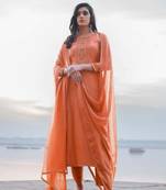 Women's heavy embroidery  work Georgette Semi-stitched Orange Salwar Suit Straight kurta and pants