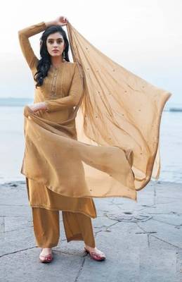 Women's heavy embroidery  work Georgette Semi-stitched Brown  Salwar Suit Straight kurta and pants 1