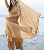 Women's heavy embroidery  work Georgette Semi-stitched Brown  Salwar Suit Straight kurta and pants