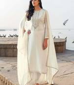 Women's heavy embroidery  work Georgette Semi-stitched White Salwar Suit Straight kurta and pants