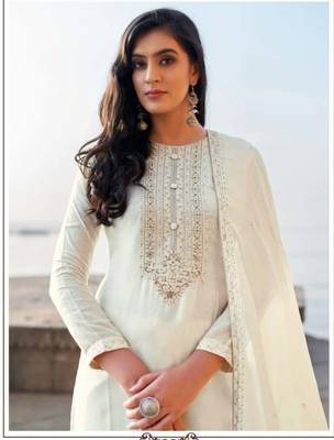 Women's heavy embroidery  work Georgette Semi-stitched White Salwar Suit Straight kurta and pants 2