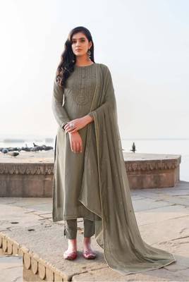 Women's heavy embroidery  work Georgette Semi-stitched grey Salwar Suit Straight kurta and pants 1