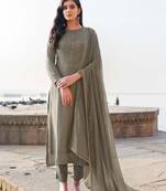 Women's heavy embroidery  work Georgette Semi-stitched grey Salwar Suit Straight kurta and pants