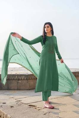 Women's heavy embroidery  work Georgette Semi-stitched Dark green  Salwar Suit Straight kurta and pants 1