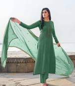 Women's heavy embroidery  work Georgette Semi-stitched Dark green  Salwar Suit Straight kurta and pants