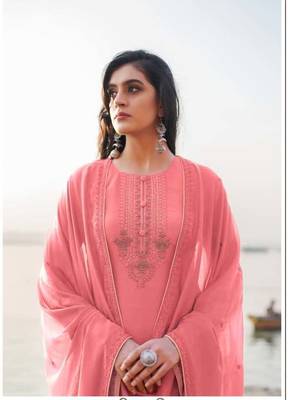 Women's heavy embroidery  work Georgette Semi-stitched Pink Salwar Suit Straight kurta and pants 2