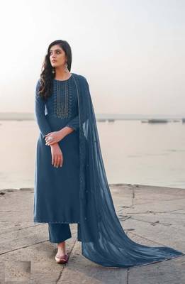 Women's heavy embroidery  work Georgette Semi-stitched Blue Salwar Suit Straight kurta and pants 1