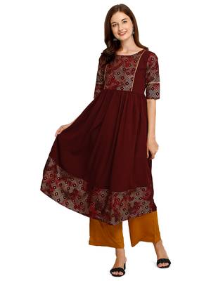 Maroon printed crepe kurtas-and-kurtis 1
