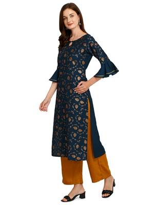 Teal-blue printed crepe kurtas-and-kurtis 3