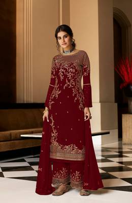 Heavy Front Red Embroidery Work Kurti and Palazzo with Dupatta Set 1