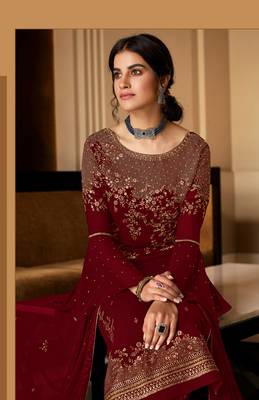 Heavy Front Red Embroidery Work Kurti and Palazzo with Dupatta Set 2