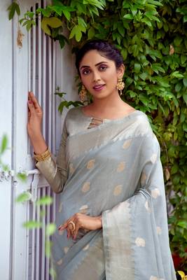 Grey woven tissue saree with blouse 2