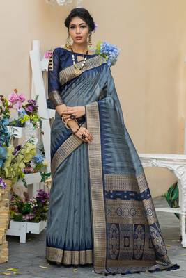 Grey woven tussar silk saree with blouse 1