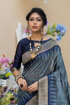 Grey woven tussar silk saree with blouse 2