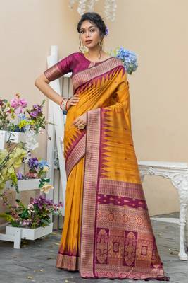 Pink printed linen saree with blouse 1
