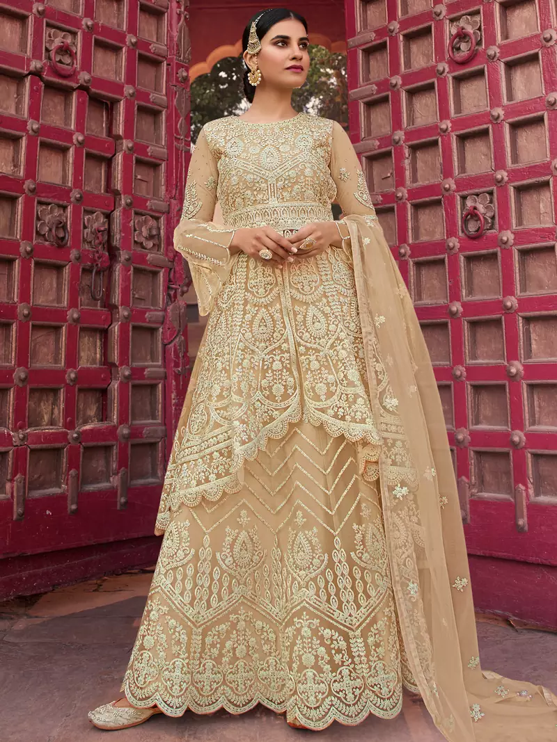 Beige embroidered net salwar