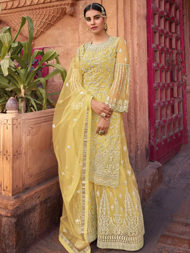 Yellow embroidered net salwar