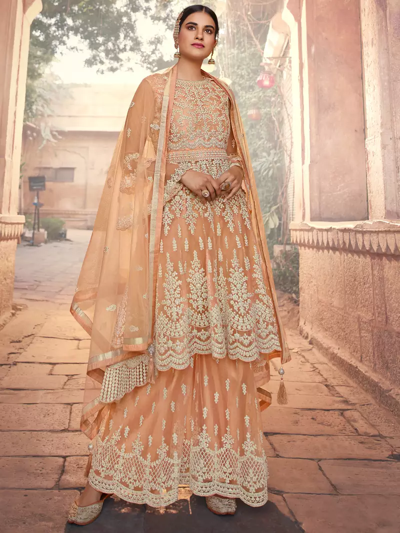 Peach embroidered net salwar