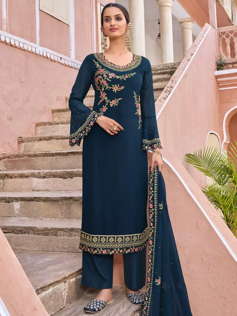 Navy blue embroidered georgette salwar
