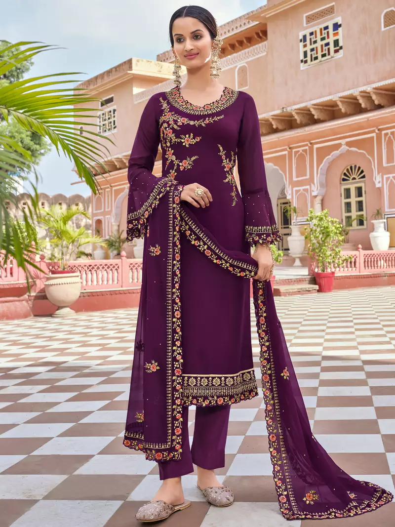 Purple embroidered georgette salwar