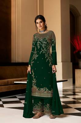 Heavy Front Green Embroidery Work Kurti and Palazzo with Dupatta Set 1