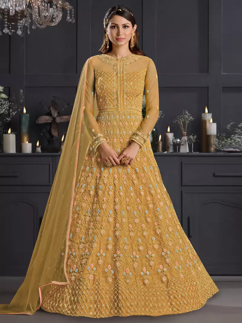 Yellow embroidered net salwar