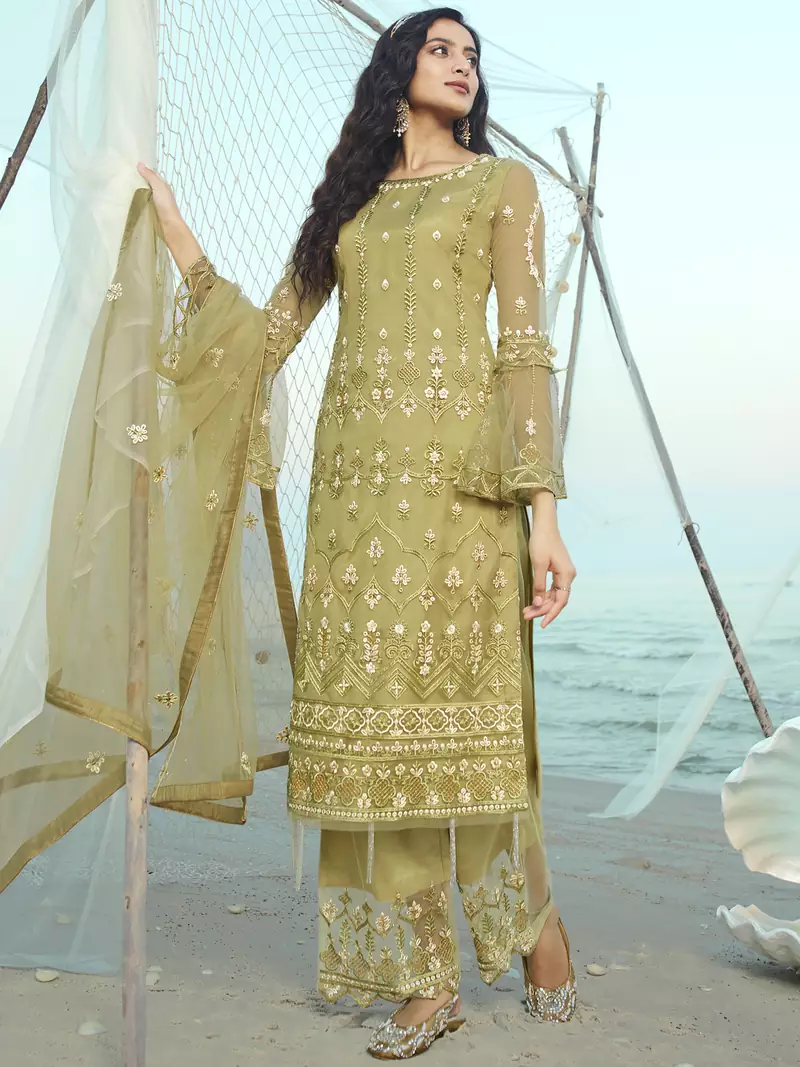 Olive embroidered net salwar