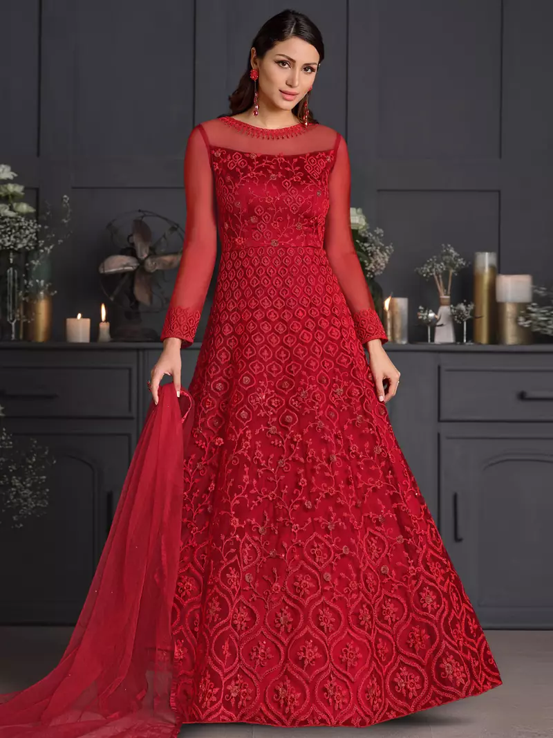 Red embroidered net salwar