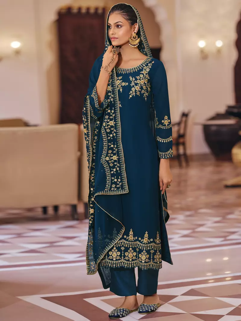 Navy blue embroidered georgette salwar