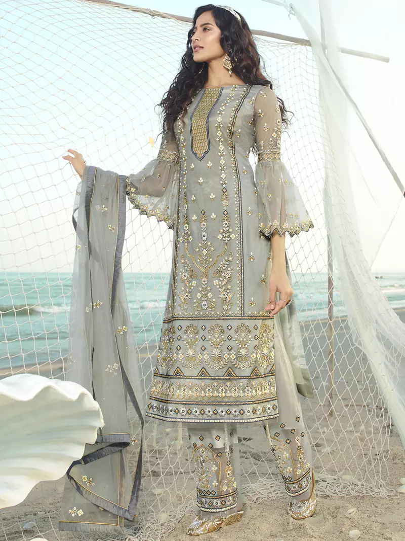 Grey embroidered net salwar