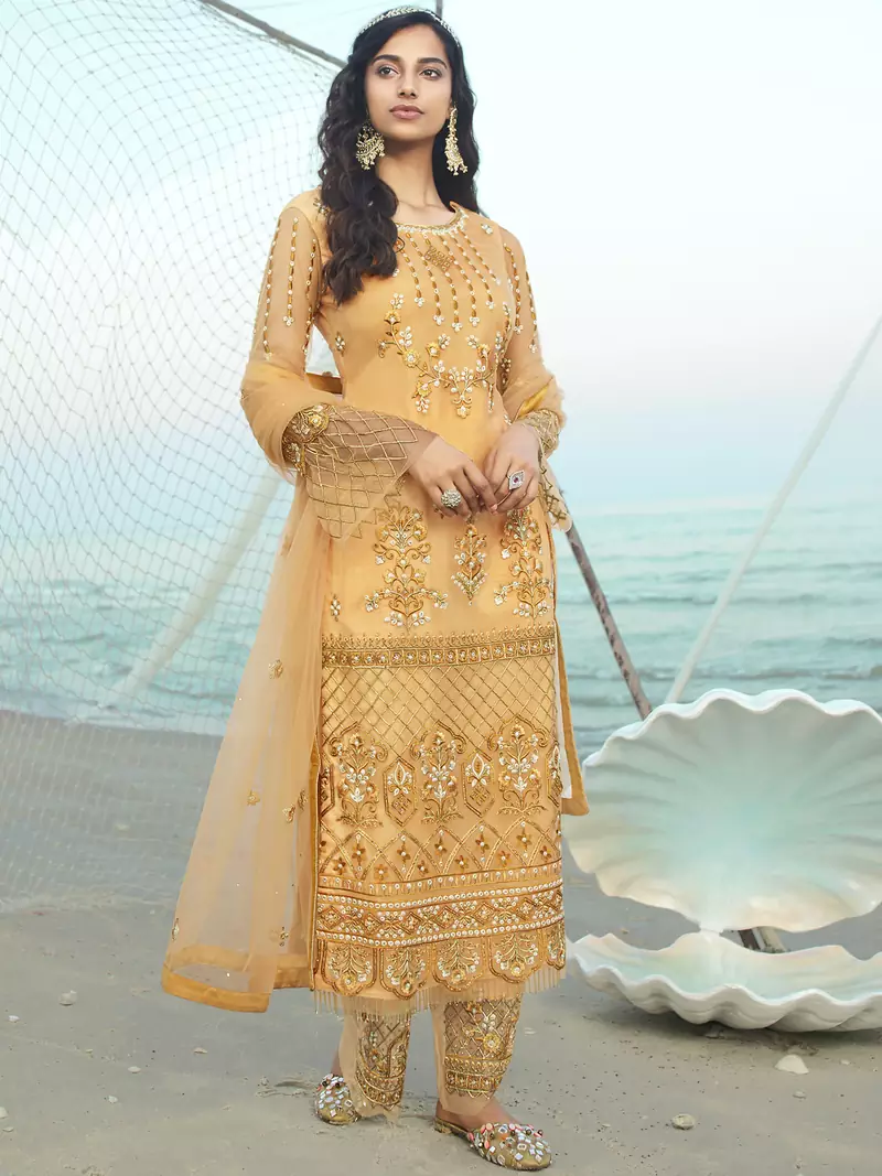 Yellow embroidered net salwar