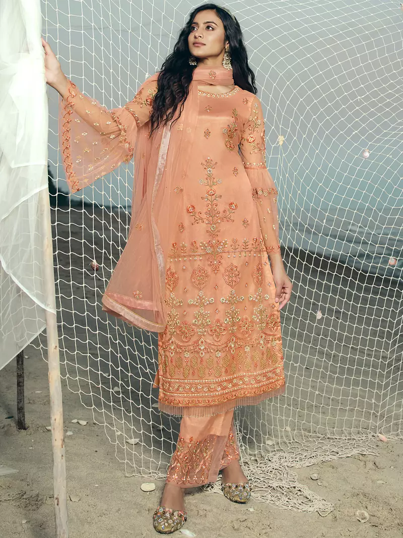 Peach embroidered net salwar