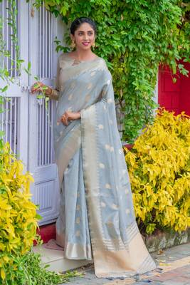Grey woven tissue saree with blouse 1