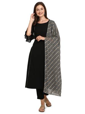 Black Soild Poly Crepe A-Line Kurta with Pant and Dupatta 1
