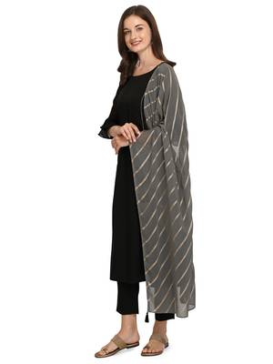 Black Soild Poly Crepe A-Line Kurta with Pant and Dupatta 3