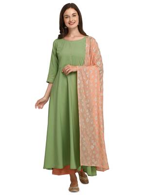 Pista Green Solid Poly Crepe Kurta With Georgette Dupatta 1