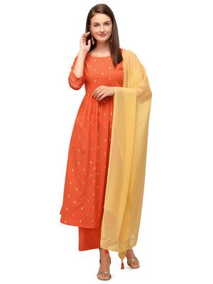 Orange Printed Poly Crepe Flared Kurta With Georgette Dupatta 1