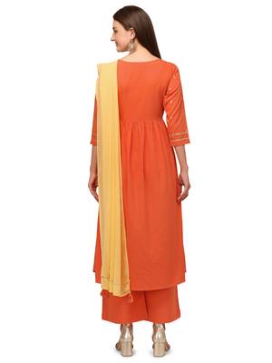 Orange Printed Poly Crepe Flared Kurta With Georgette Dupatta 2