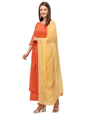 Orange Printed Poly Crepe Flared Kurta With Georgette Dupatta 3